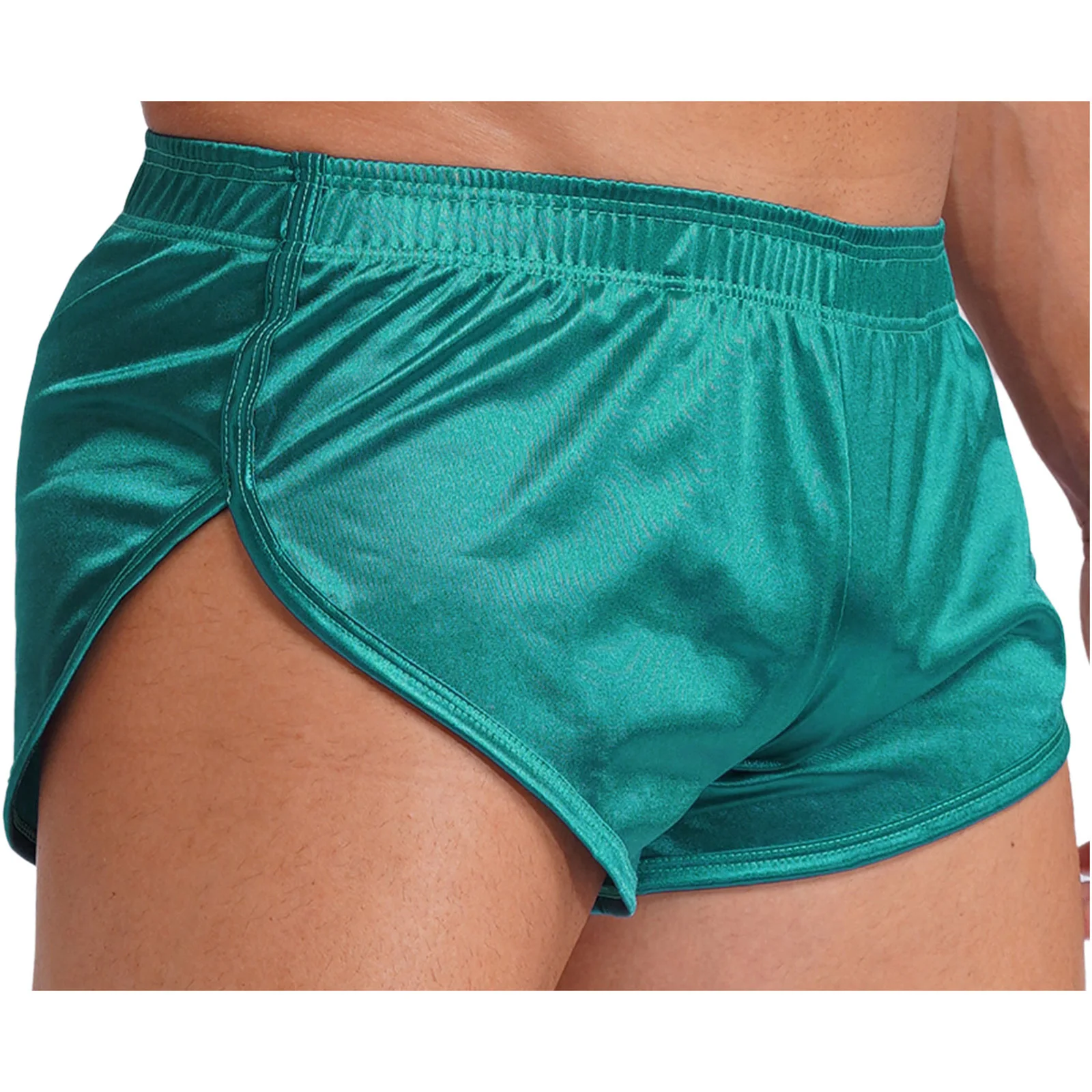Men Side Split Satin Micro Shorts Built-in Bulge Pouch Boxer Brief Elastic Waistband Pajama Bottoms Loungewear Home Wear Trunks