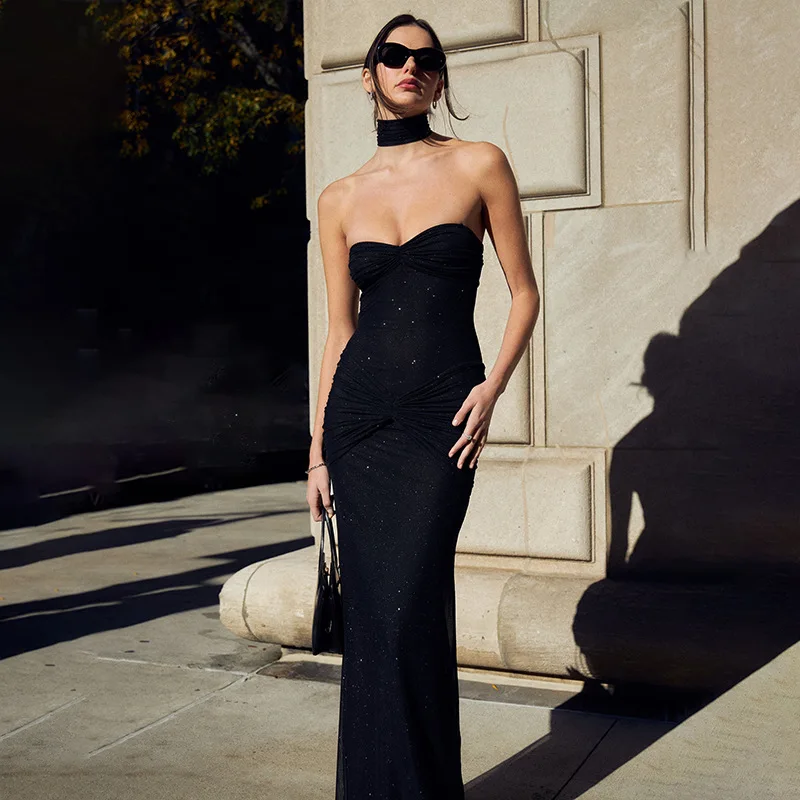 Elegant Sleeveless Sequin Long Shiny Pleated Dress Women's Glitter Backless Curvy Dresses Sexy Black Evening Party Bright Gala