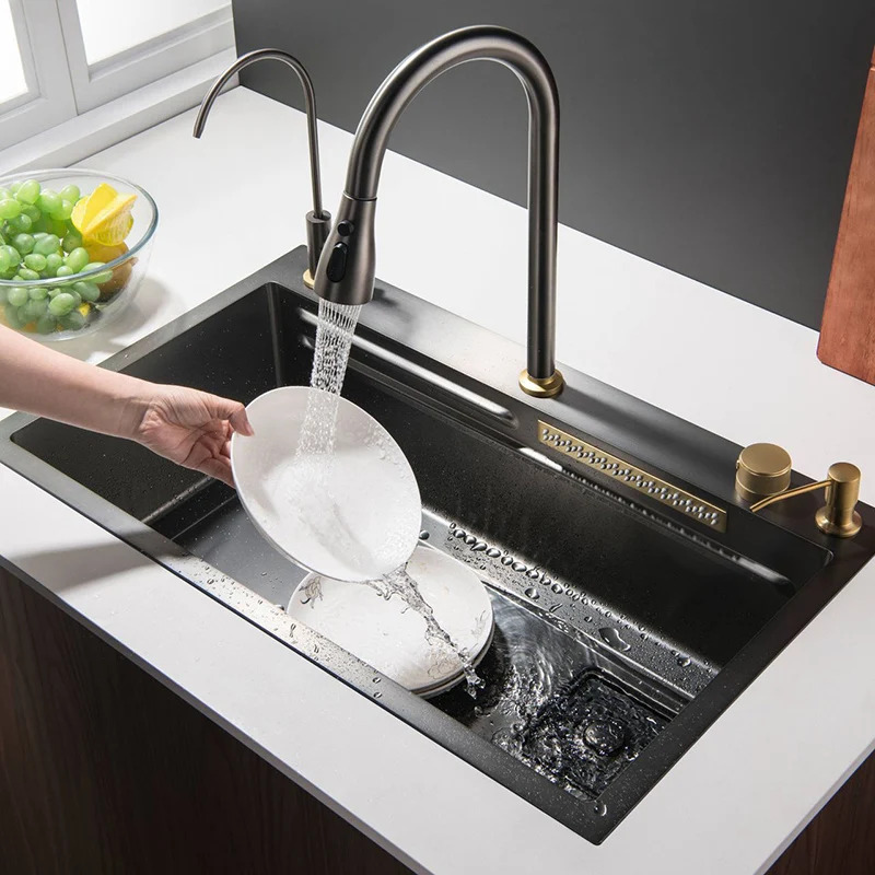 Grey/White/Golden Waterfall Sink Kitchen 304 Stainless Steel Sink Large Single Slot with Waterfall Faucet Kitchen Accessories