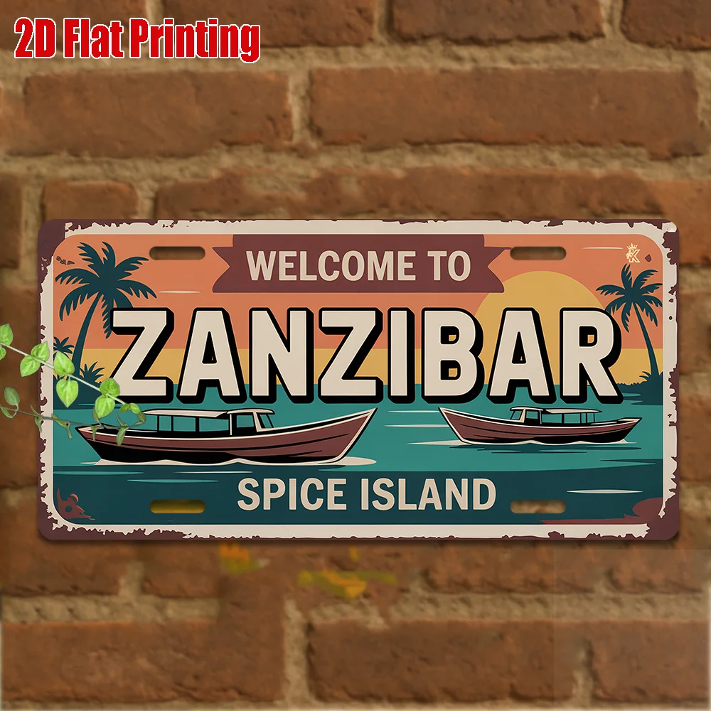 Willkommen auf Zanzibar, der „Gewürzinsel“, tropischer Sonnenuntergang, Boot im Nummernschild-Stil, Aluminium-Metallschild, Retro-afrikanisches Reise-Souvenir, Wa