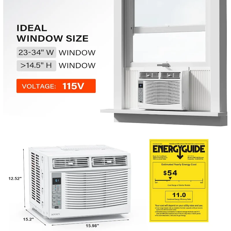 مكيف هواء نافذة ROVSUN Smart 6000 BTU مع WiFi، وحدة تيار متردد للنافذة موفرة للطاقة مع جهاز التحكم عن بعد والتطبيقات ووظيفة الموقت