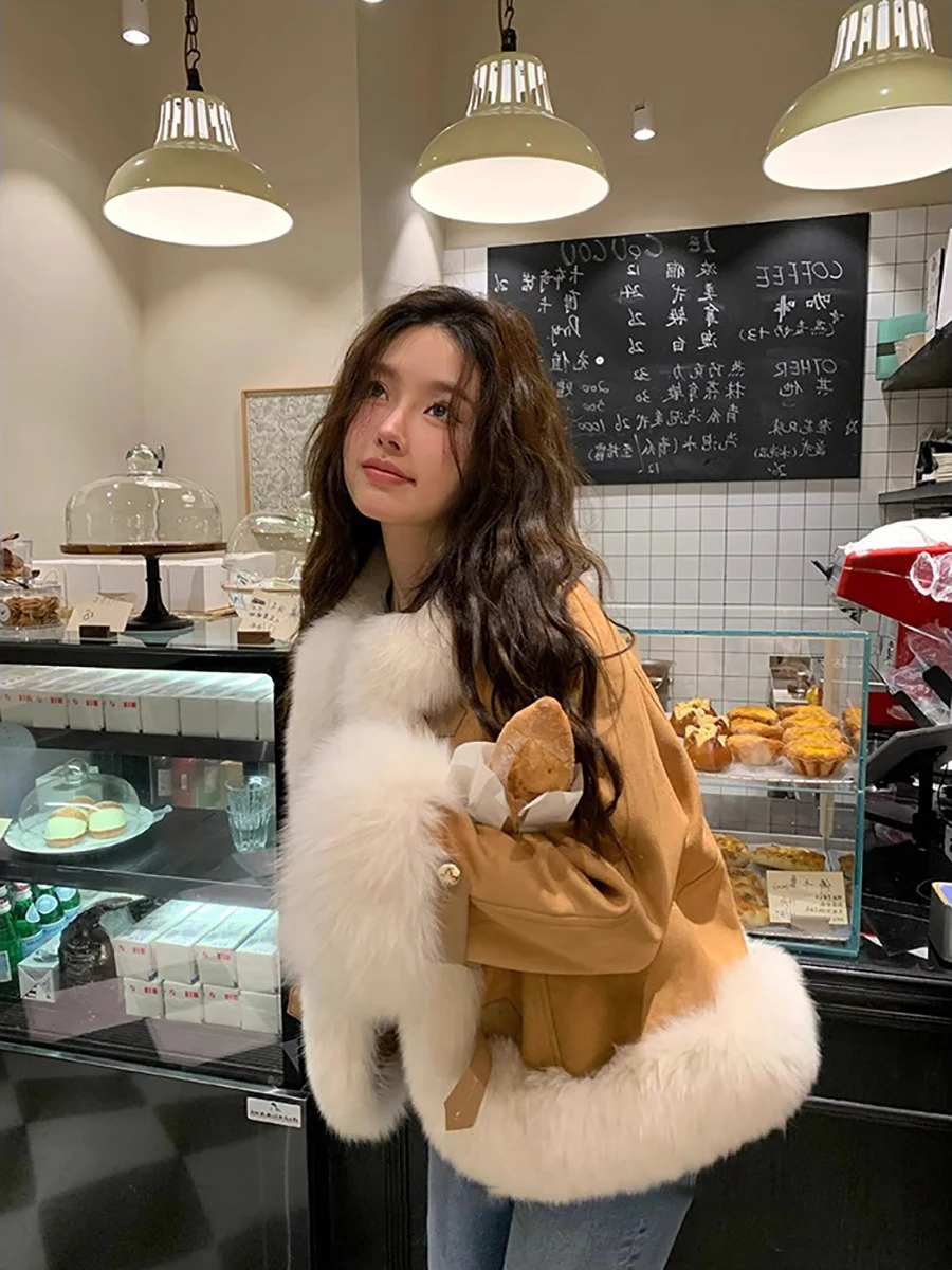 Cappotto invernale da donna in finta pelliccia di volpe scamosciata marrone in cotone manica lunga monopetto giacca ispessita imbottita color caramello