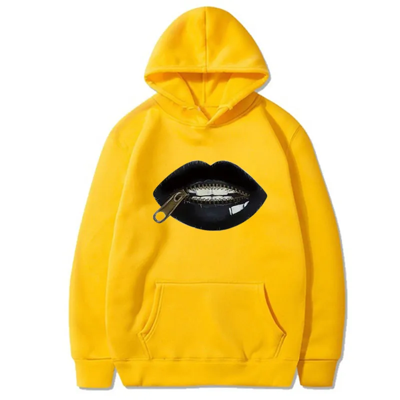 เสื้อสเวตเตอร์มีฮู้ดแขนยาวที่อบอุ่นพร้อมรูปแบบการพิมพ์ที่สนุกสนานบนซิปริมฝีปากสตรีทแวร์ผู้หญิงเสื้อฮาราจูกุ