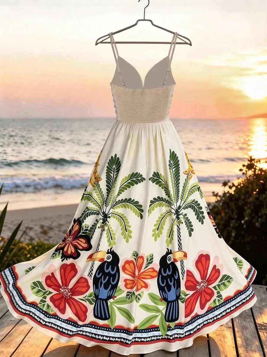 Vestido Largo Beige Bohemio para Mujer, Estampado de Flores Tropicales, con Diseño de Tucán y Palmeras, Ideal para Vacaciones en la Playa