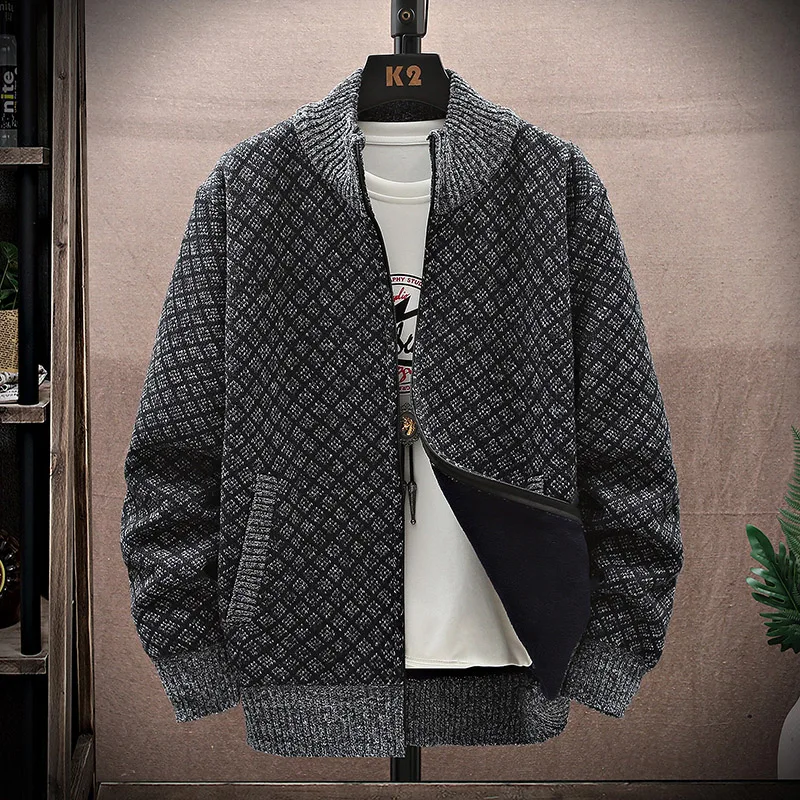 Fashion Men Cardigan Sweater Stand Collar Fleece Thicker Warm Knitted Sweaters New Winter Casual Breathable Sweaters Men Jackets