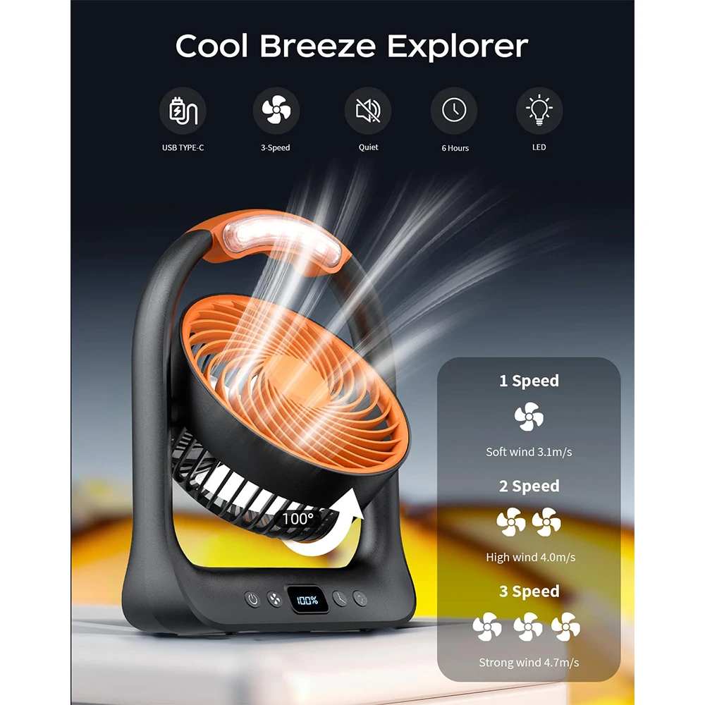 مروحة تخييم 3 سرعات قابلة للتعديل مروحة مكتب محمولة قابلة للشحن 360 درجة °   مروحة كهربائية قابلة للإمالة مع مروحة تبريد للوقت المحدد LED