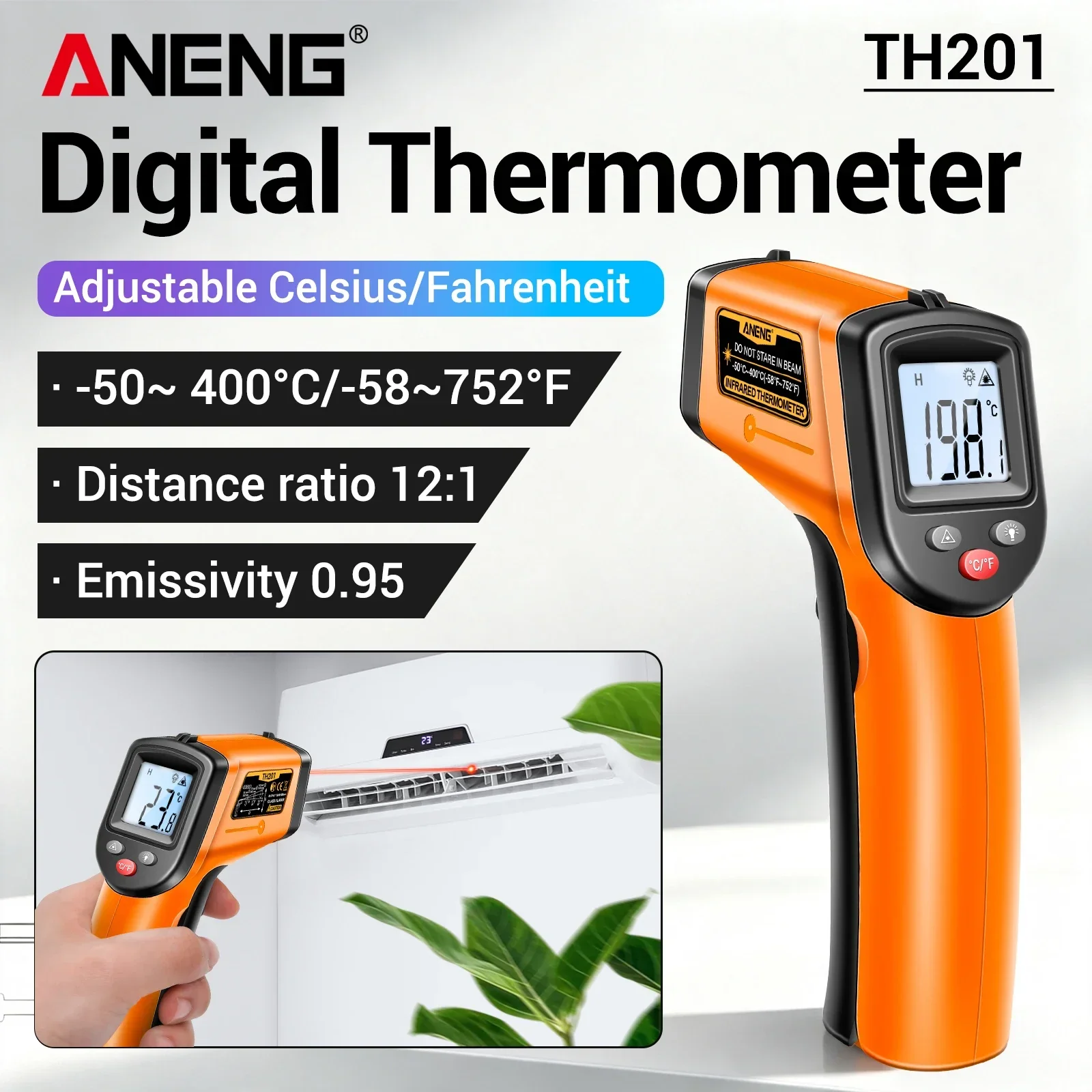 ANENG TH201 Infrared Thermometer 12:1 DS -50 400C Laser Backlight C F Switch Auto Power Off Industrial Temp Test Measuring Tool