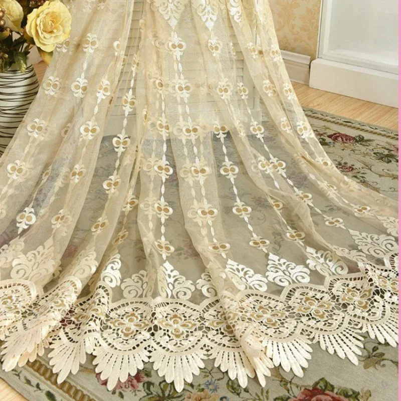 

European Luxury Embroidery Coffee Beige Tulle Sheer Curtains for Living Room Bedroom Dining Thicken Window Decor Custom Thicken