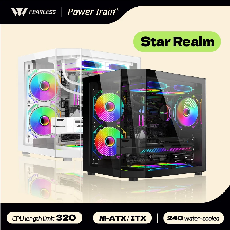 Power Train Star Realm M-ATX Desktop Case Three Sided Glass Panoramic Sea View Room Without Pillars 240 Water Cooling PC Chassis