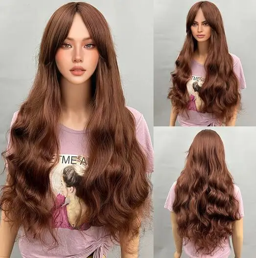 

24 Inches Long Wavy Brown Blend Wigs for Women Natural Synthetic Heat Resistant Wigs with Bangs for Daily Party Cosplay Use