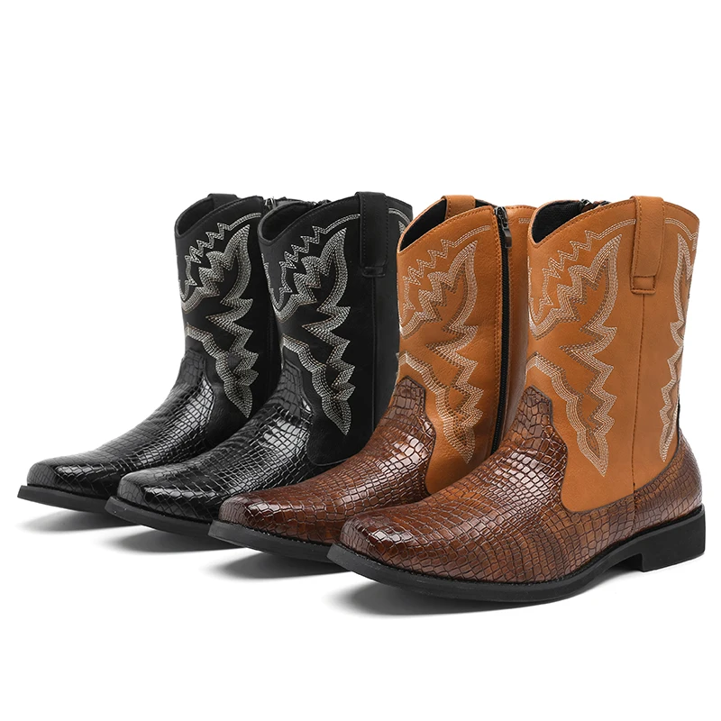 

Men's Western-style denim boots - stylish and casual ankle-high boots in black and orange with embroidered patterns