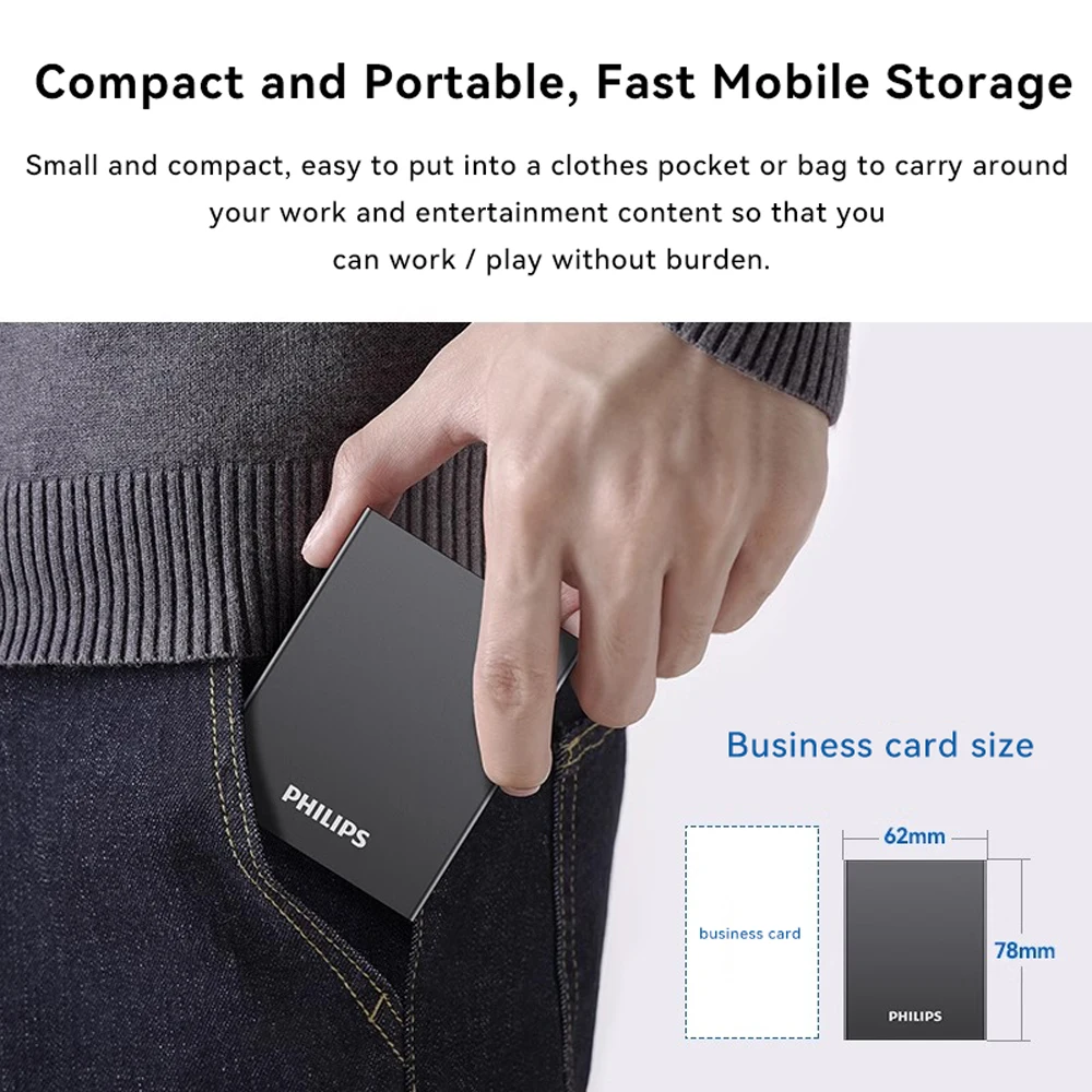 필립스 휴대용 SSD, 1TB 외장형 솔리드 스테이트 드라이브, 최대 속도 550MB/s, USB 3.2 Gen 2, 게임 및 학생용 안정적인 저장 장치