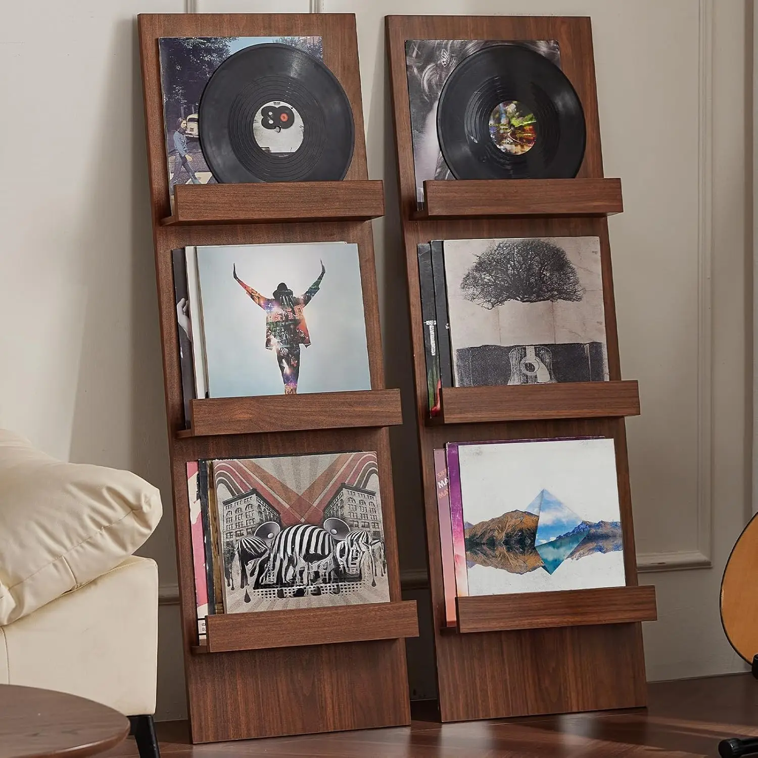 

Wall-Leaning Vinyl Record Holder Set of 2 with 3 Tier Display Shelf, 47.5'' Tall Record Storage Magazine Holder, Vinlys