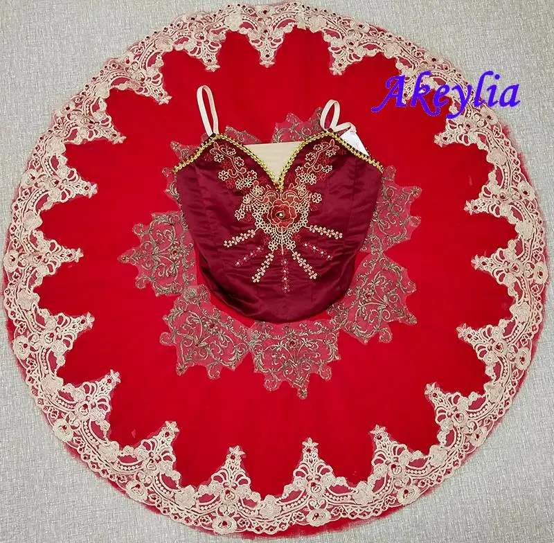 Tutu professionnel rouge sans élasticité pour femmes, vêtements de danse de ballet, crêpes de la belle au bois dormant, Costumes Tutu de Ballet classique 0261