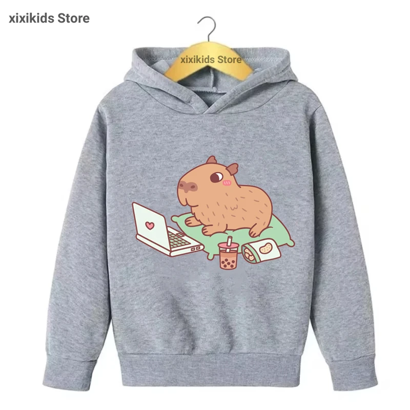 Cute Capybara Loves Juice Printed Cap Hoodies Girls/Boys Kawaii Kids Clothes Spring/Autumn/ Winter Plus Velvet Sweastshirt Tops