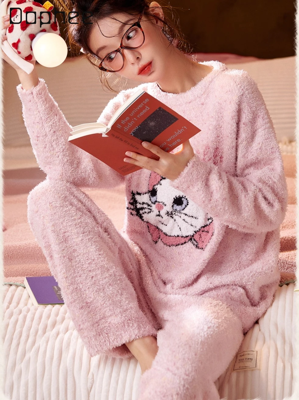 

Cartoon Cat Autumn and Winter Pajamas Women's Thickened Round Neck Half-edge Velvet Warm Cute Loungewear Pijamas Women