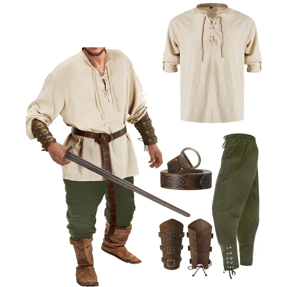 4 pçs roupas de festa de halloween traje renascentista masculino medieval viking pirata cosplay camisa tornozelo com faixas calças cinto acessórios