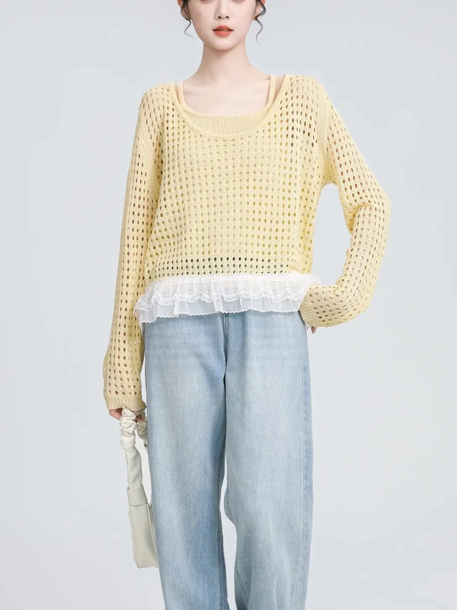 

Yellow Lace Hollow out Knitted Sunade Cover up Top Loose Fit Overhead Spring Summer New Arrival for ort Women