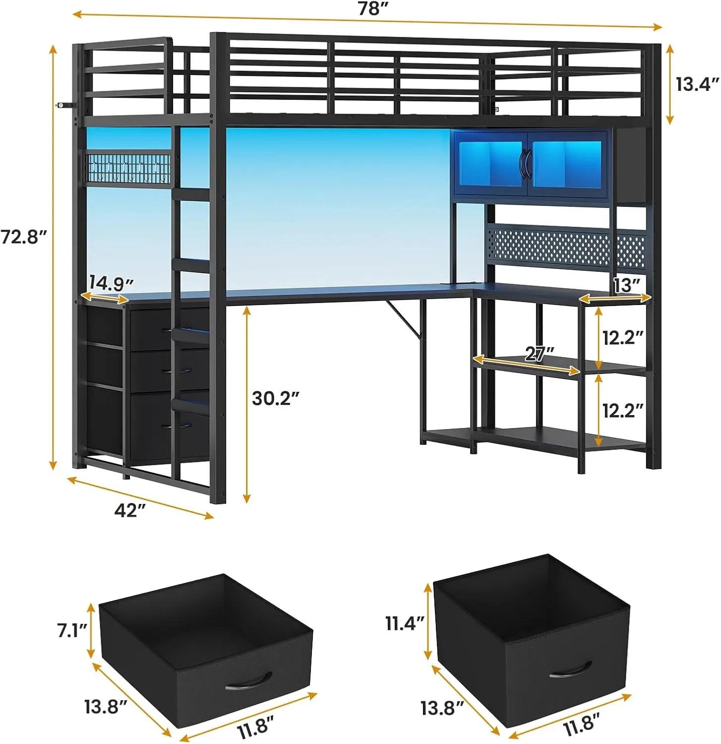 Twin Loft Bed with L-Shaped Gaming Desk, Storage Drawers, Hutch, Power Outlet & RGB Lights - view 3