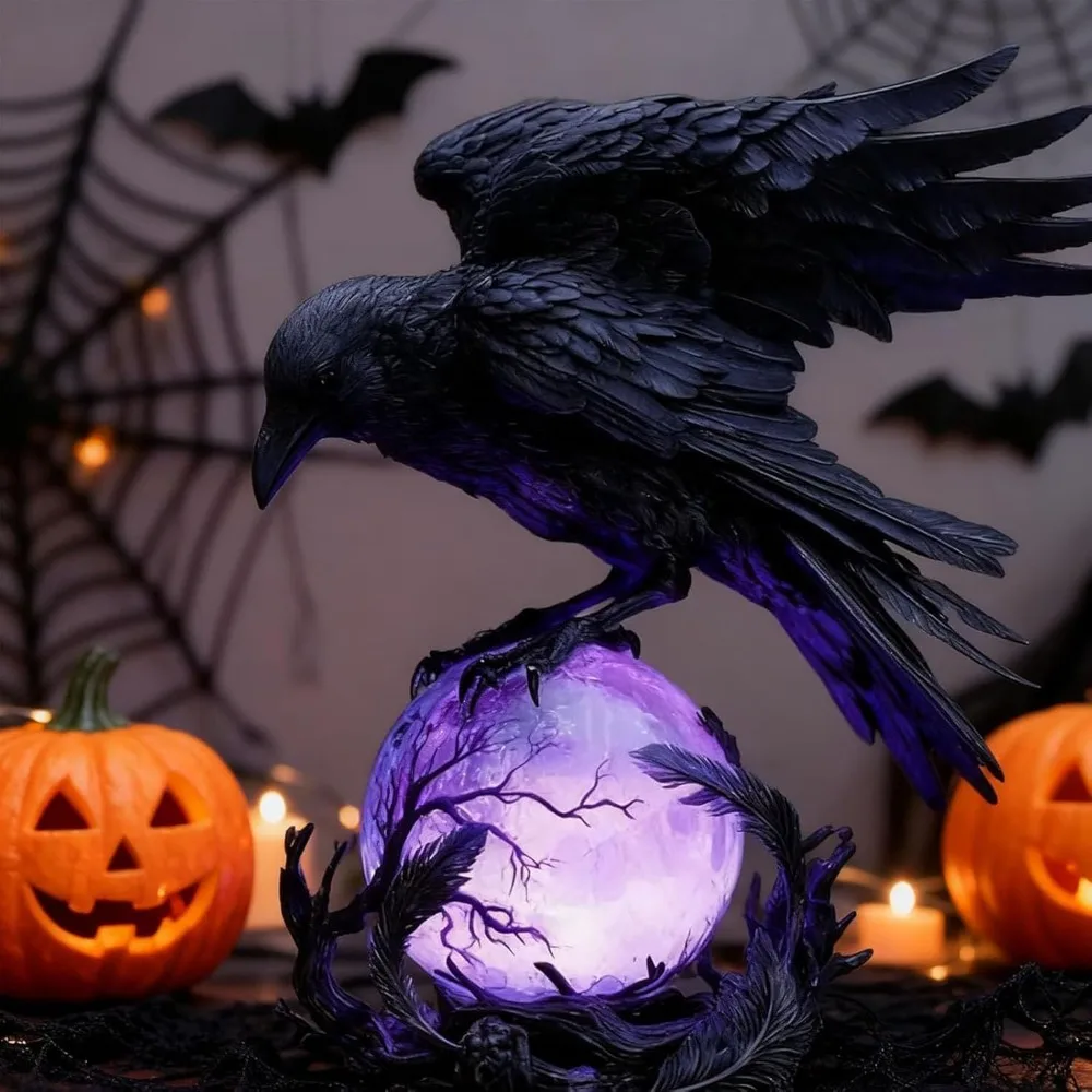 Image of Halloween Gotische Krähen-Figur Lampe Leuchtende Kristallkugel Harz-Raben-Skulptur Desktop-Beleuchtung Ornament für Heim- und Schlafzimmerdekoration