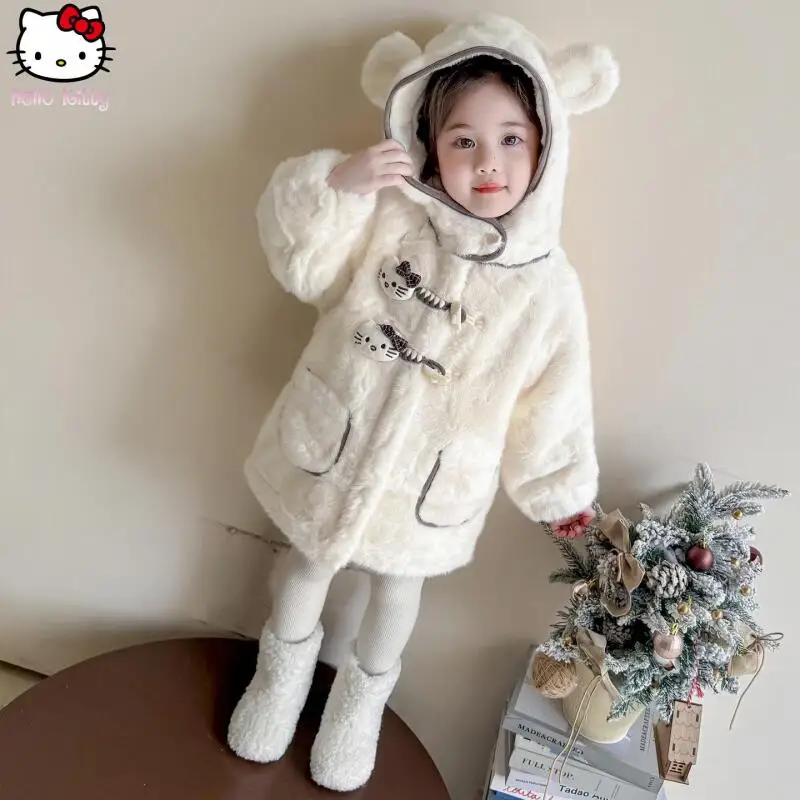 

Girls Hello Kitty Warm Hooded Jacket Kawaii Autumn Winter New Cartoon Anime Cotton Clothing Fashionable Sanrio Thickened Coat