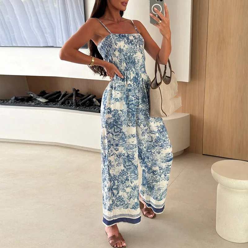 Fashion Print Elastic Waist Playsuit Elegant Off Shoulder Wrap Suspender Jumpsuit Women Sexy Sleeveless Backless Wide Leg Romper