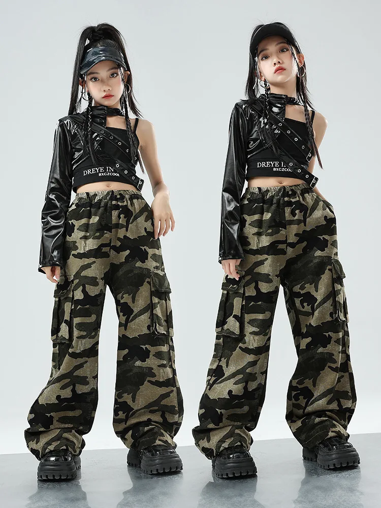 Girls Hip Hop Crop Top Cuff Camouflage Cargo Pants Clothes Sets Child PU Leather Street Dance Joggers  Kids Streetwear Costumes