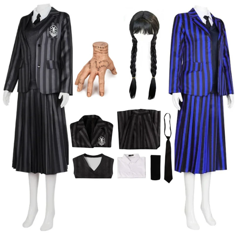 

2 Color Anime Addams Blue Wednesday Cosplay Costume Girl wig Cosplay Costume Set Black Uniforms Suit Dress Halloween Party