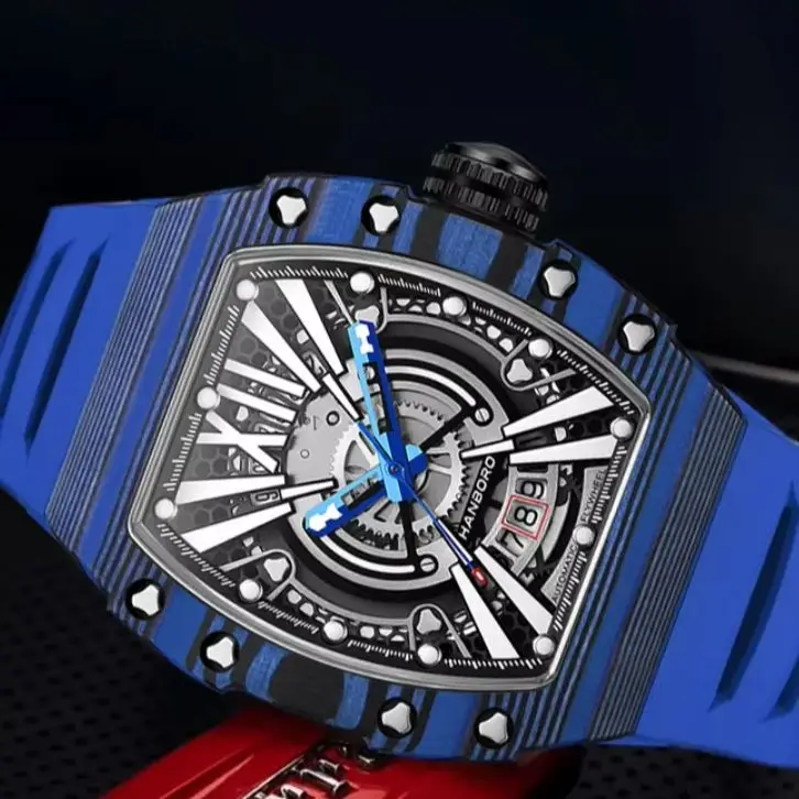 

HANBORO Men Automatic Watch Tonneau Mechanical Wristwatch Carbon Fiber Luminous Sapphire Skeleton Dial Waterproof Miyota 8215