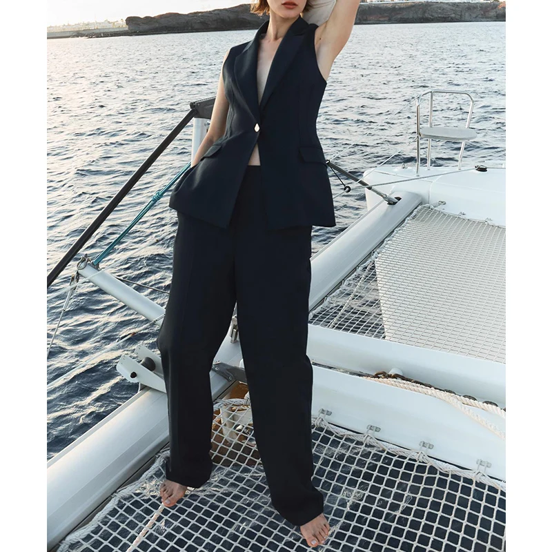 

Linen Blend Long Svel Vest 3422709 Casual Straight Leg Long Pants 354709 Simple Design Faion Set Women's Clothing