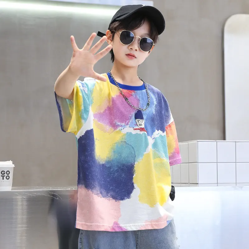 Summer Tie-Dye Cool Kids Boy Casual Tops Print Trendy Children\'s T-shirt Short Sleeve Teenager Tees Cotton Tshirt 4-14 Years Old