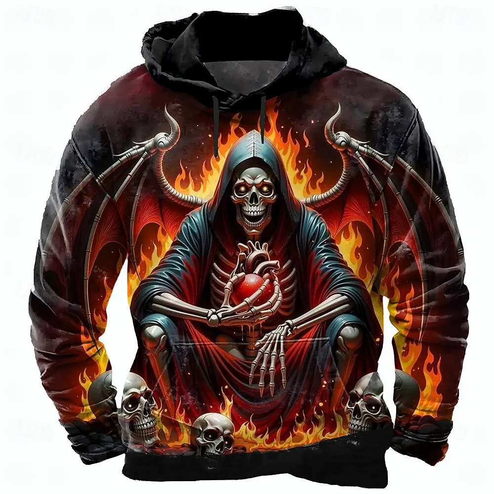 Herren-Kapuzenpullover mit Halloween-Schädel-Aufdruck, abstraktes Muster, Kontrastfarben-Design, Frühlings- und Herbsttrend, Polyester