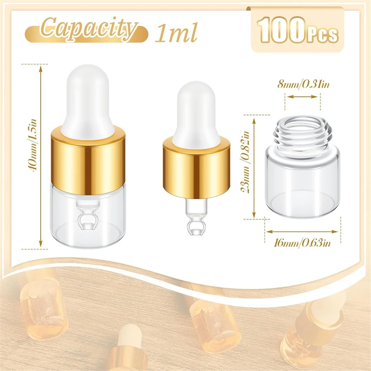 미니 유리 스포이드 병, 벌크 투명 에센셜 오일 스포이드 병, 작은 유리 낙하 샘플 용기, 1 ml, 100 개