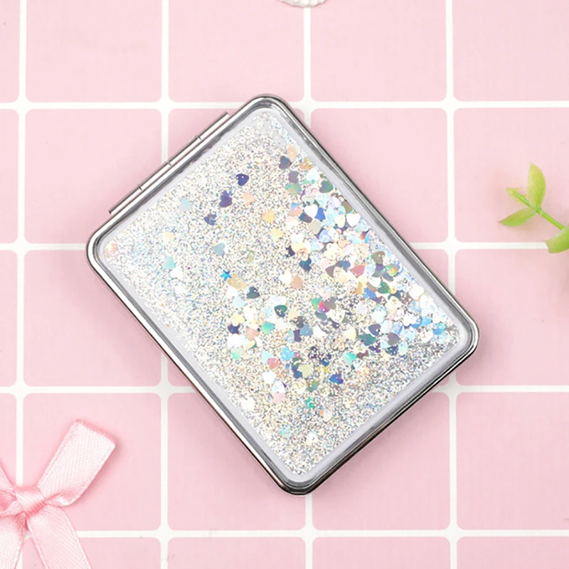 Sequined areia movediça espelho compacto redondo/retângulo espelho de maquiagem dobrável mini espelho de bolso portátil espelho de mão dupla face