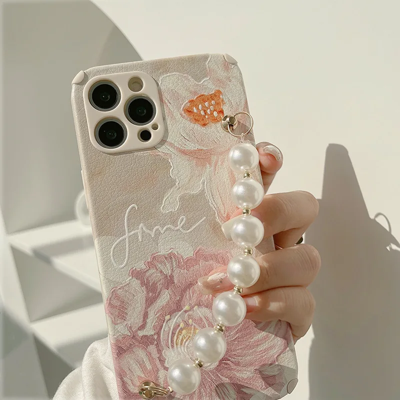 

Oil Painting Flower Pearl Chain Phone Case For iPhone 14 13 12 11 Pro Xs Max X Xr 7 8 Plus Se2 Shockproof Soft Back Cover