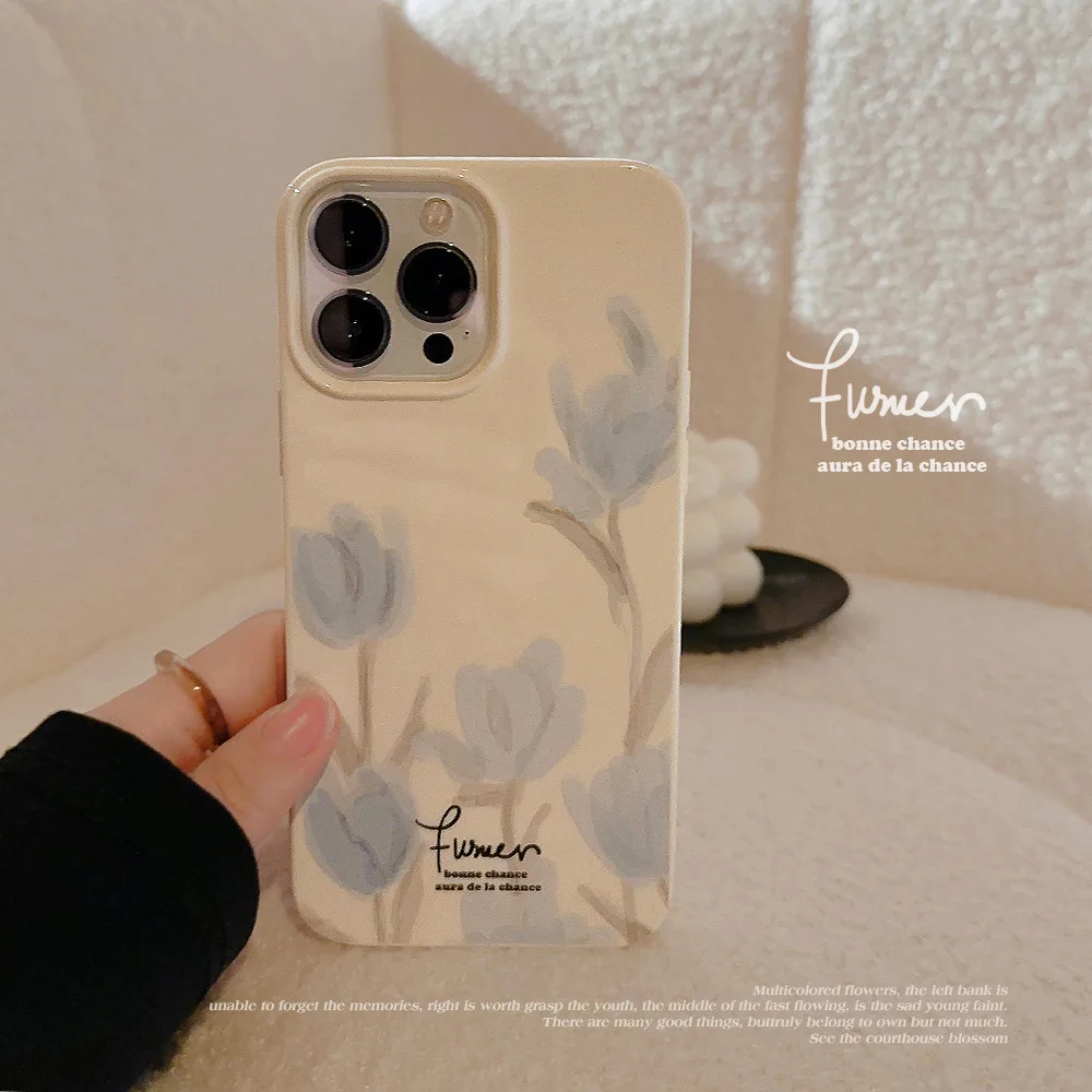 Korean Oil Painting Blue Tulip Floral Phone Case For iPhone 17 Air 16 15 14 13 12 11 Pro Max XS XR X Plus Shockproof Soft Cover