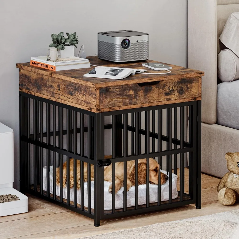 Móveis para cães pequenos, canil de madeira para cães com gaveta superior, mesa final interna para animais de estimação com estação de carregamento, s