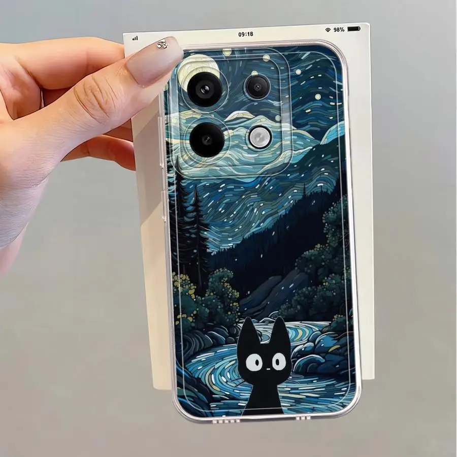 Case for Xiaomi Redmi Note 14 Pro Plus 11 9 10 A4 11S 13C 12S 10S Note 13 14C 12 Soft Phone Cover Van Gogh Starry Night Cat view 2