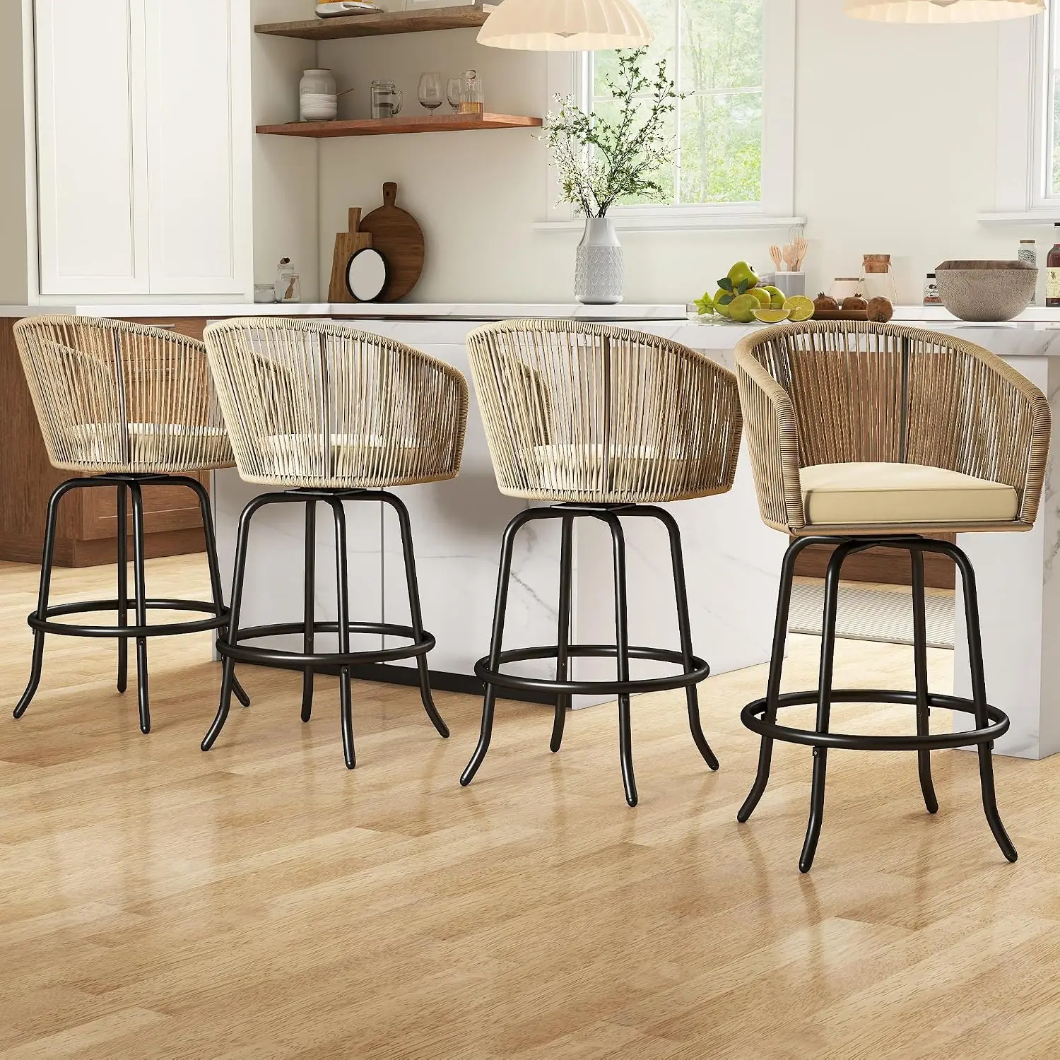 Outdoor Bar Stools 4-Pack, Swivel Rattan Patio Chairs with Cushions, Backyard Poolside Garden, 360 Rotation, Customized