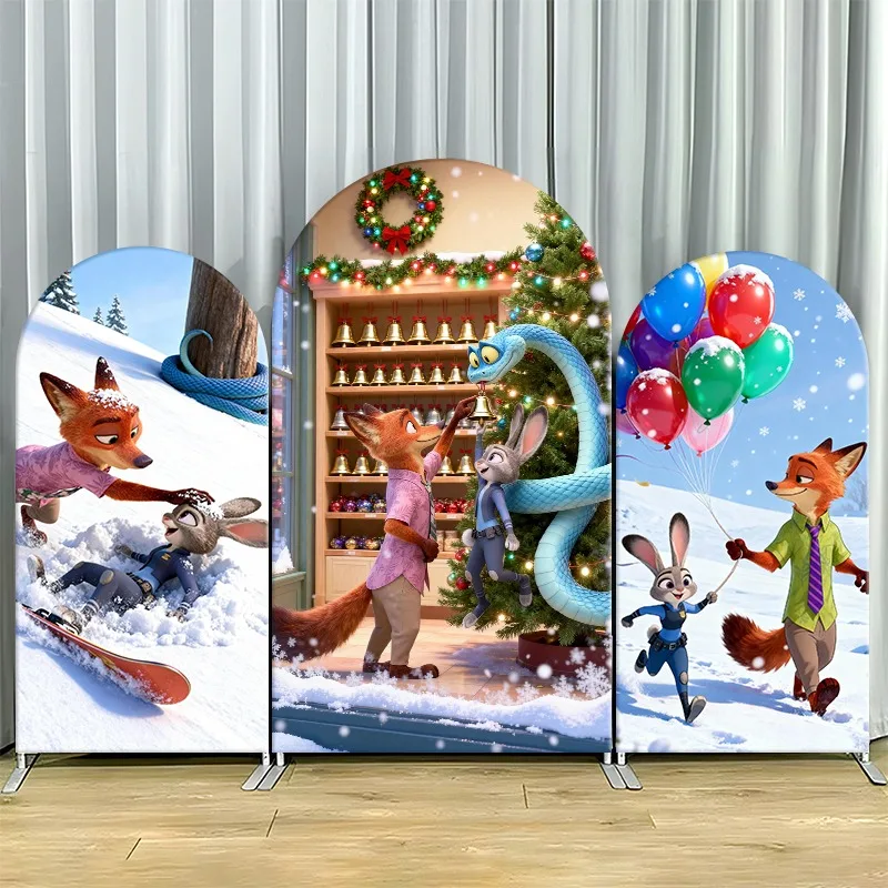 Housse de toile de fond 2D plate à arche, simple couche, en tissu non extensible, motif paysage hivernal festif avec renard et lapin, pour décoration de fête