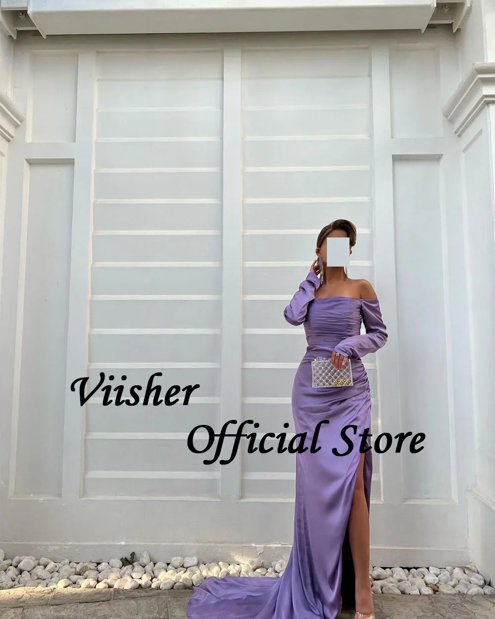 Viisher Lavender Mermaid Evening Dresses with Slit Pleats Satin Strapless 3/4 Sleeve Prom Party Dress Arabic Dubai Formal Dress