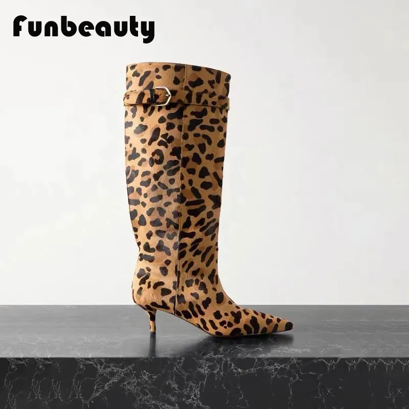 2024 new women\'s pointed thin heel leopard print long boots knight boots retro genuine leather knee high boots