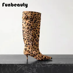 2024 new women's pointed thin heel leopard print long boots knight boots retro genuine leather knee high boots