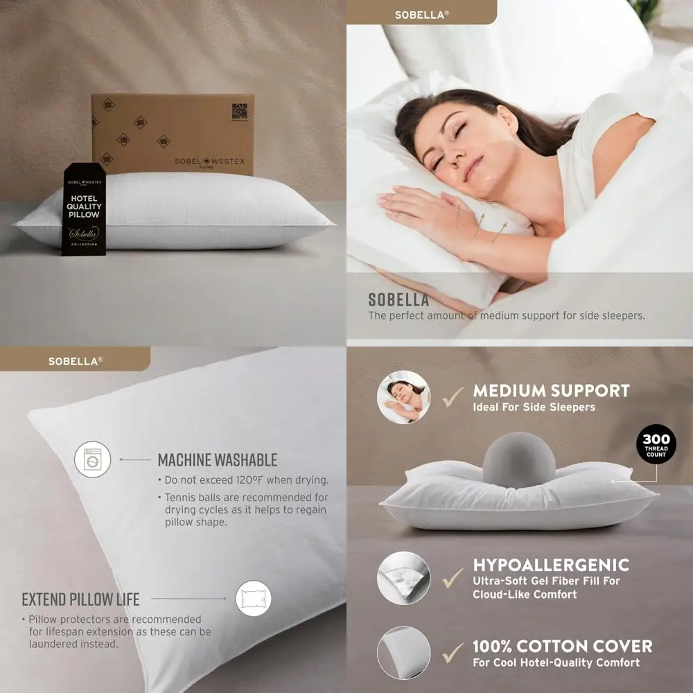 

luxury side sleeper queen pillow - 300 thread count, 100% cotton, soft and machine washable hotel-quality pillow for adults