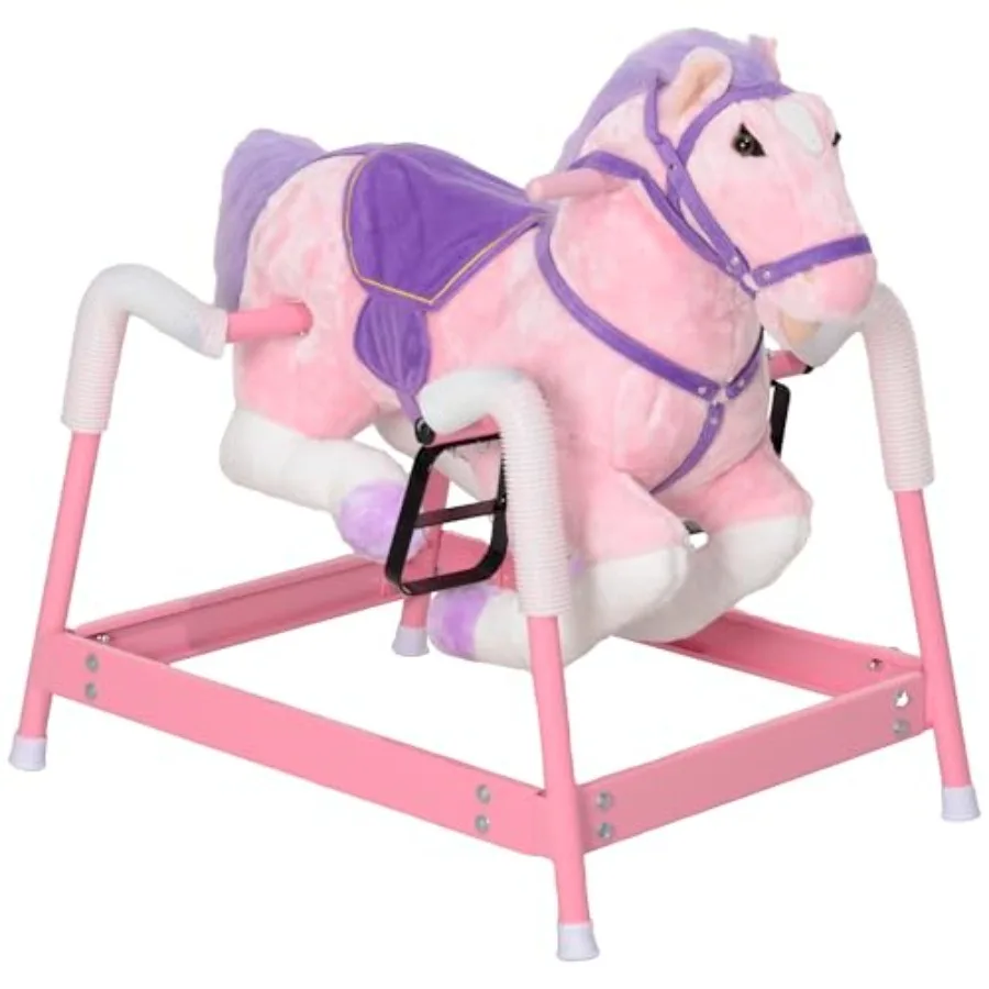 

Spring Rocking Horse Ride on Horse Plush Horse Ride-on with Sounds and Foot Stirrups Saddle for 3-8 Years Pink