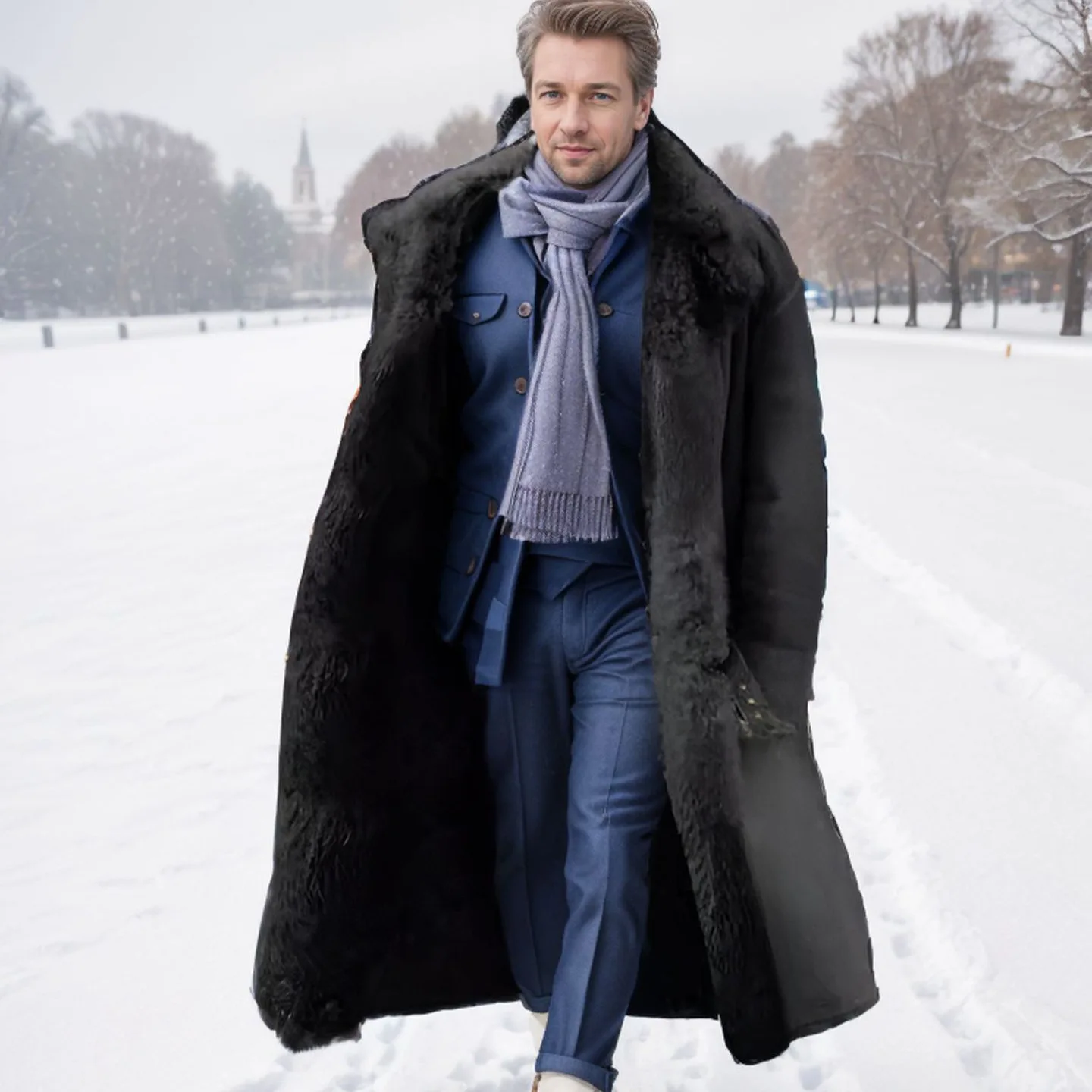 

Winter Man Plush Overcoat New Thicken Fleece Long Sleeve Men Long Jacket Streetwear Windproof Turn Down Collar Male Outerwear