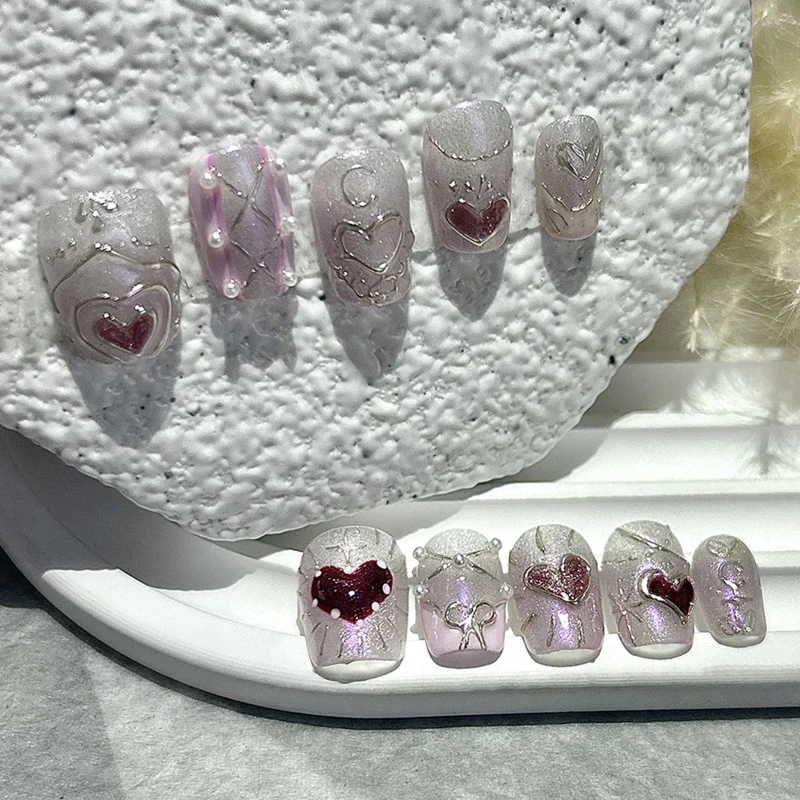 10 Pieces Baroque Style Press On Nails Handmade Sweet Cool Cat Eye Star Moon Sweetheart Fake Nail Patch Removable