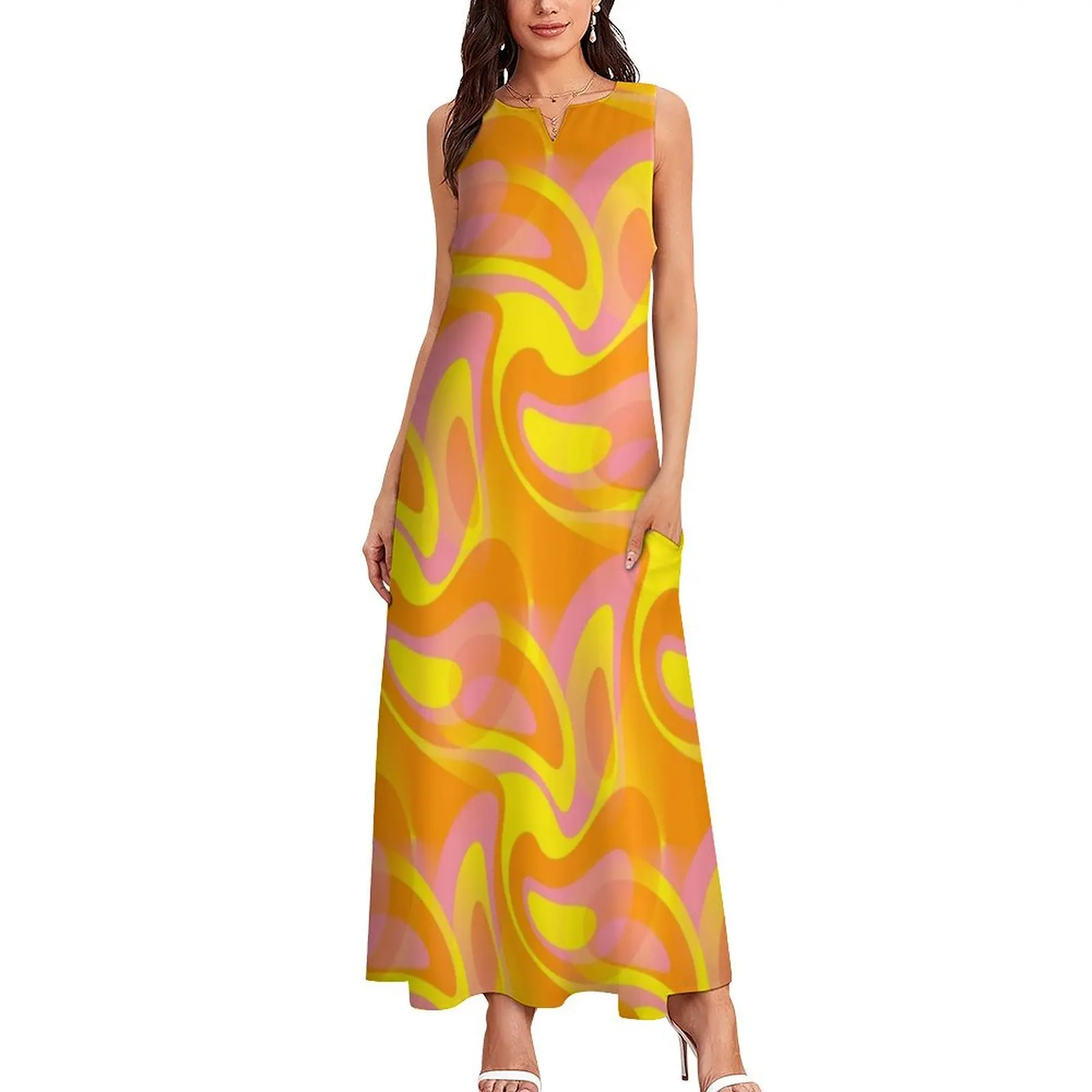 Feeling Groovy - 60's Mod Abstract in Orange, Pink and Yellow Long Dress birthday dress for women summer dress womens 2025