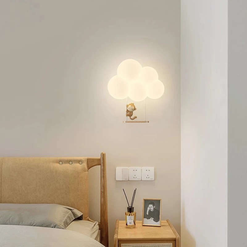 Minimalist Children\'s Room Wall Lamps Cute Monkey Rabbit Cloud Lamp LED Warm Princess Room Boy Girl Bedroom Bedside Wall Lights