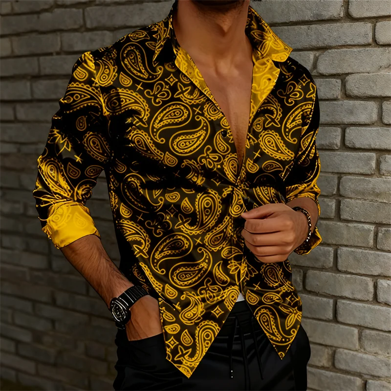 New Men's Paisley Ethnic Flower Shirt Long Sleeve Retro Holiday Wear Folding 3D Printed Button Shirt